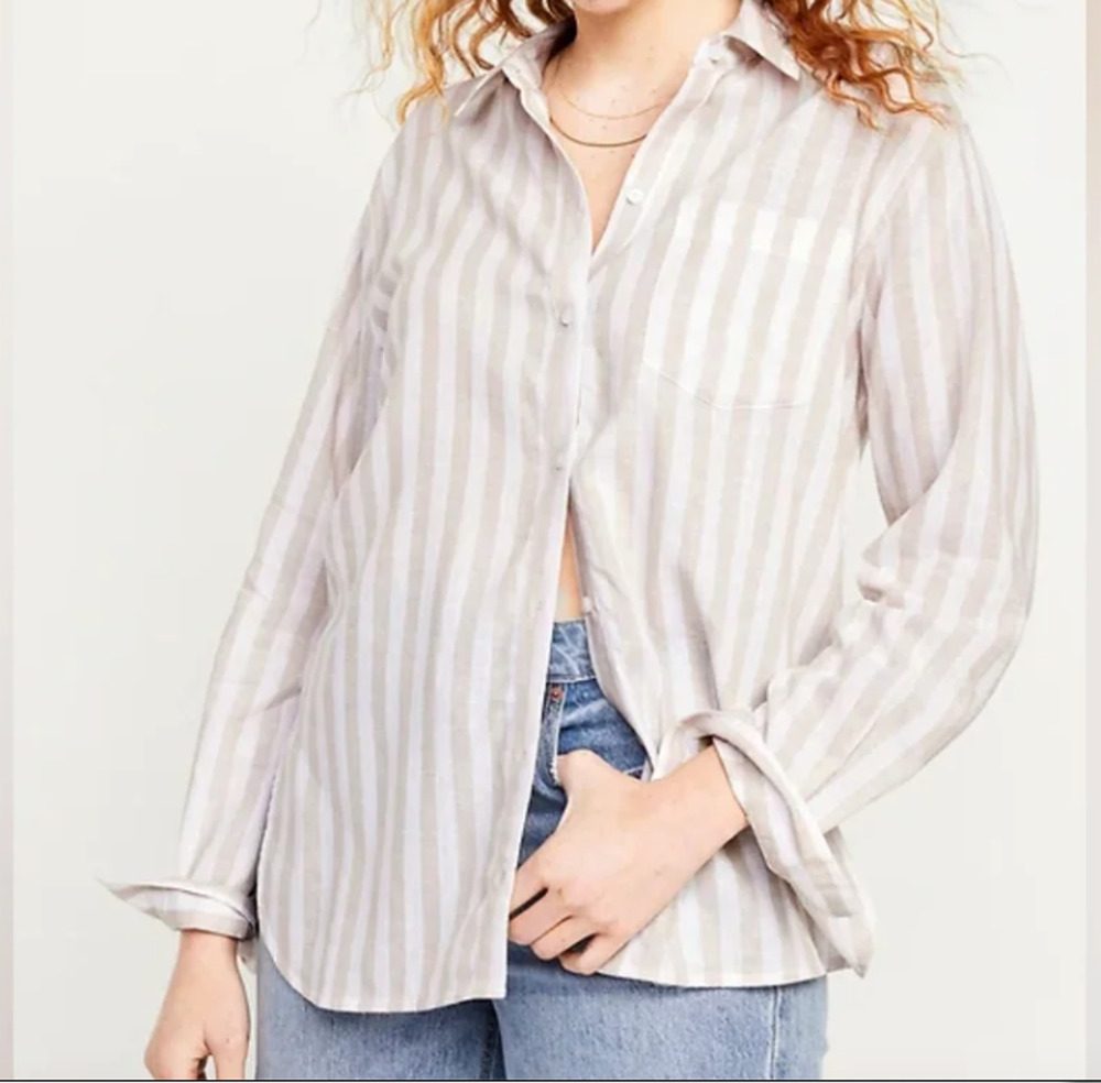 Old Navy The Boyfriend Shirt Long sleeve linen blend neutral stripe Size L, chic